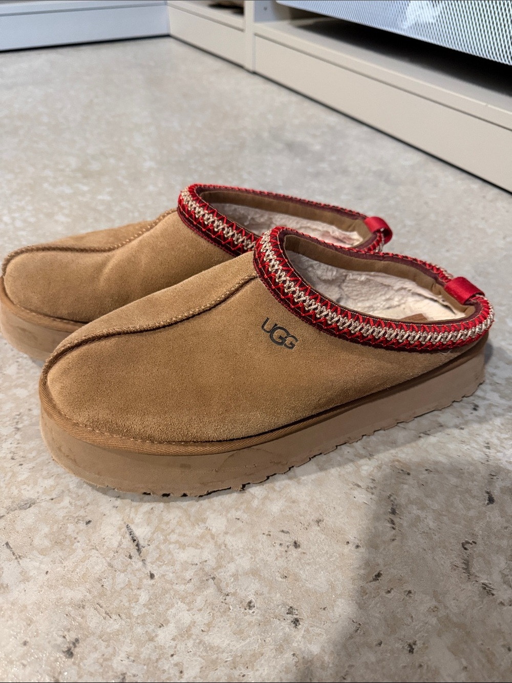 UGG Women's Chestnut Suede Slip-On Mule Slippers with Red Trim